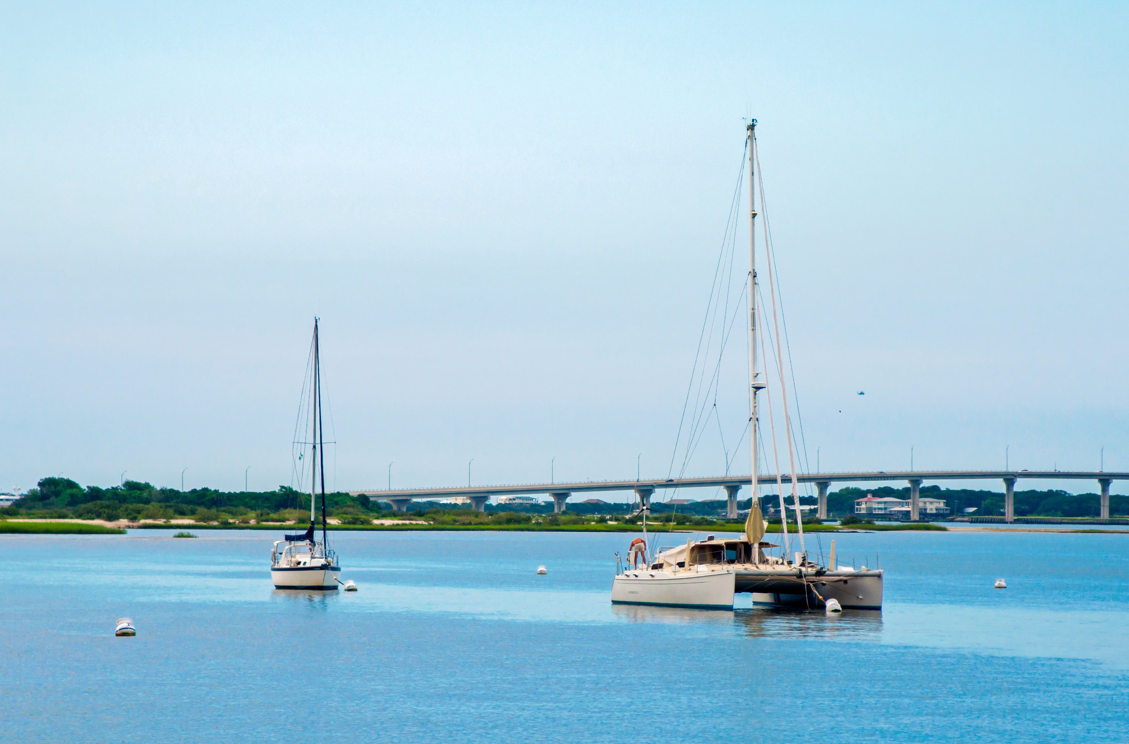 Sailboats anchored in the water at bay in St. Augustine, Florida.