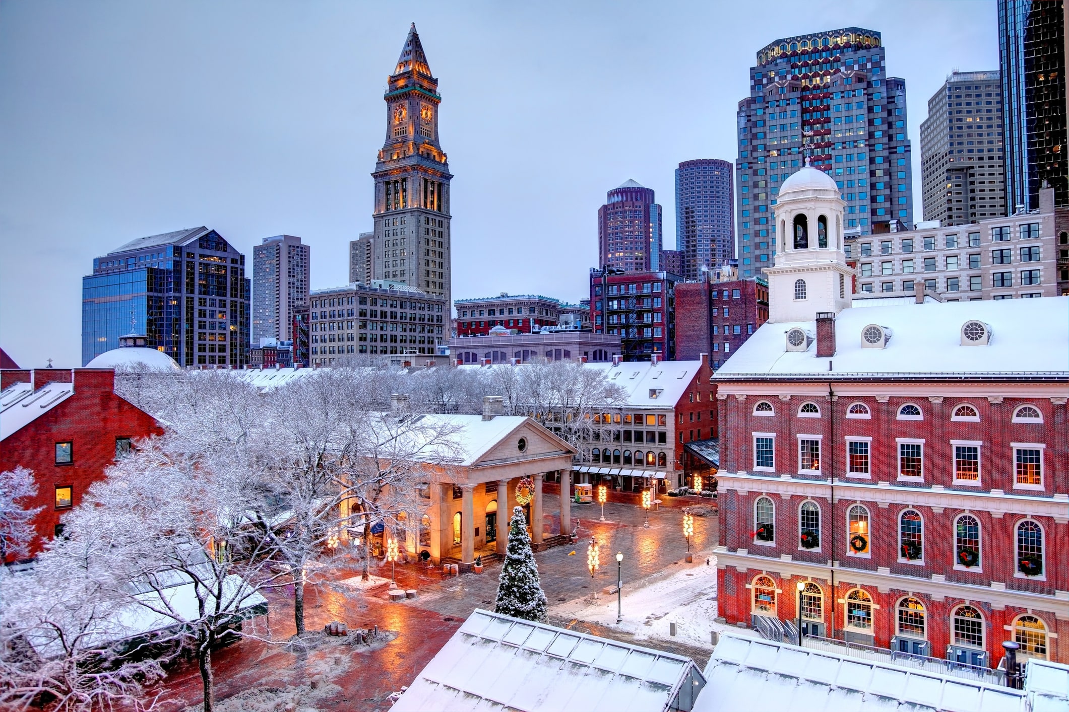 A snowy street view of Boston, Massachusetts.